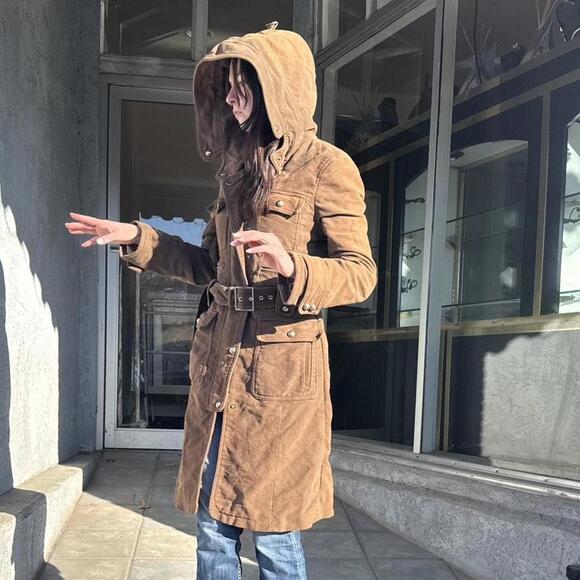 Y2K Laundry by Shelli Segal Hooded Safari Trench Coat Brown Belted Utility M - Picture 2 of 8